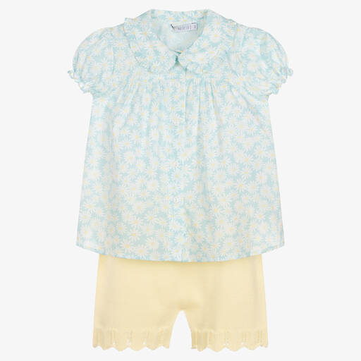 Paloma de la O-طقم شورت أطفال بناتي قطن جيرسي لون أزرق وأصفر | Childrensalon Outlet