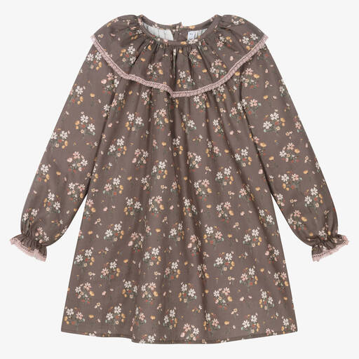 Paloma de la O-Girls Brown Cotton Floral Dress | Childrensalon Outlet