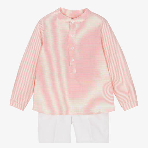 Paloma de la O-Pink & White Cotton Striped Shorts Set | Childrensalon Outlet