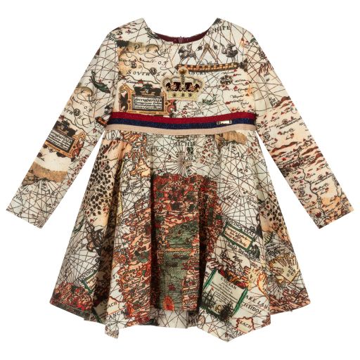 Pan Con Chocolate-Beige Cotton Map Print Dress | Childrensalon Outlet