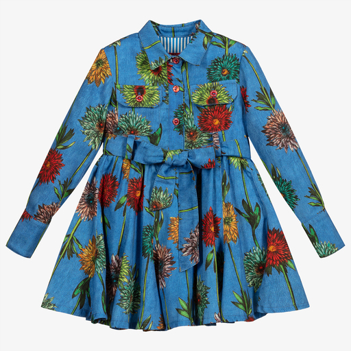Pan Con Chocolate-Голубое хлопковое платье-рубашка с цветами | Childrensalon Outlet