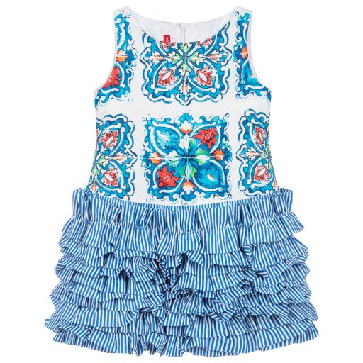 Pan Con Chocolate-Blue Tile Print Ruffle Dress  | Childrensalon Outlet
