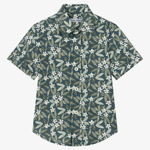 Pan Con Chocolate-Boys Blue Cotton Tropical Print Shirt | Childrensalon Outlet