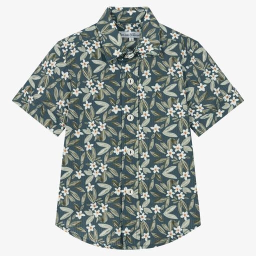 Pan Con Chocolate-Boys Blue Cotton Tropical Print Shirt | Childrensalon Outlet