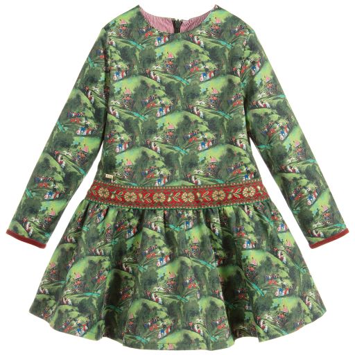 Pan Con Chocolate-فستان  ساتان لون أخضر بطبعة ملونة | Childrensalon Outlet