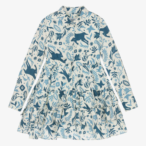 Pan Con Chocolate-Girls Ivory & Blue Cotton Shirt Dress | Childrensalon Outlet