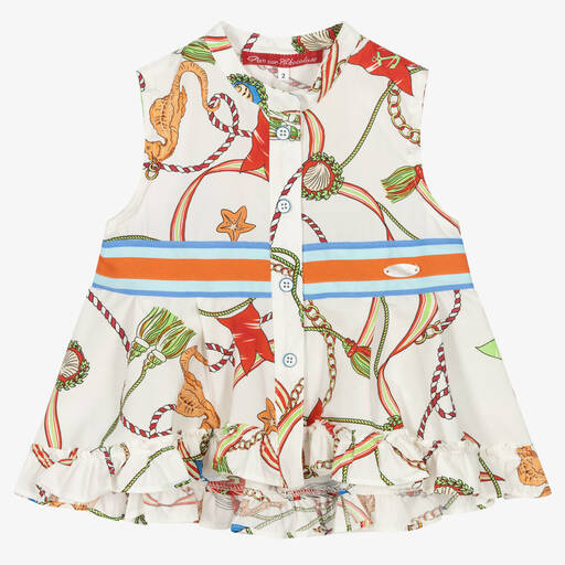 Pan Con Chocolate-Girls Ivory Rope Print Cotton Blouse | Childrensalon Outlet