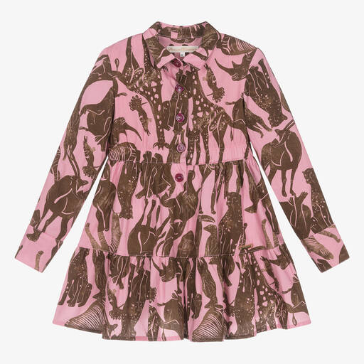 Pan Con Chocolate-Girls Pink & Brown Cotton Shirt Dress | Childrensalon Outlet