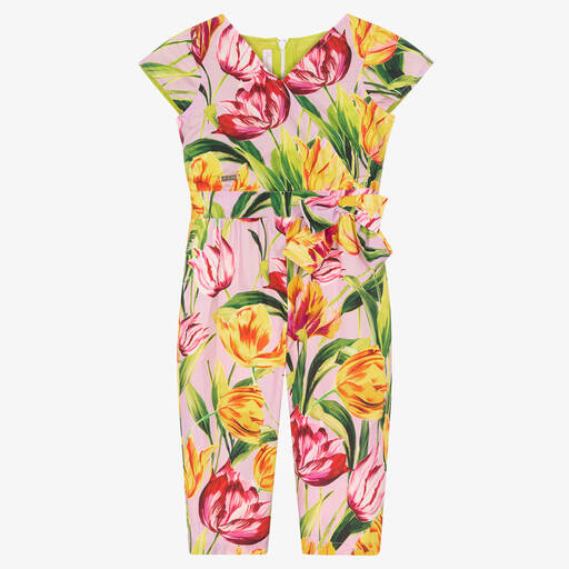 Pan Con Chocolate-Girls Pink Floral Cotton Jumpsuit | Childrensalon Outlet