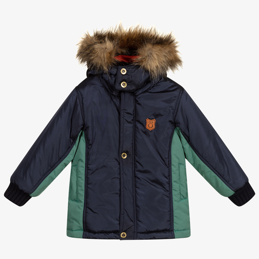 Pan Con Chocolate-Navy Blue & Green Parka Coat | Childrensalon Outlet