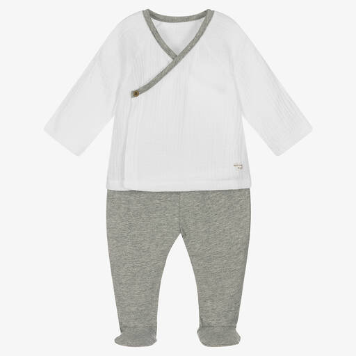 Pasito a Pasito-Boys White & Grey 2-Piece Babygrow | Childrensalon Outlet