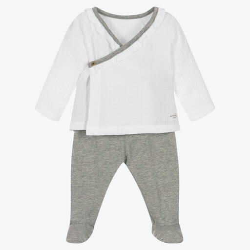 Pasito a Pasito-Girls White & Grey 2 Piece Babygrow | Childrensalon Outlet