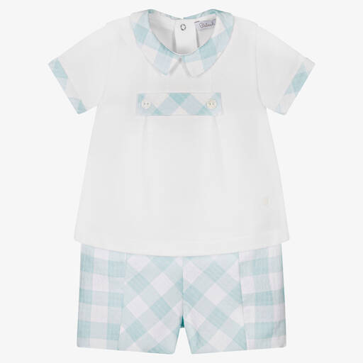 Patachou-Top & Karo-Shorts Set in Weiß/Blau | Childrensalon Outlet