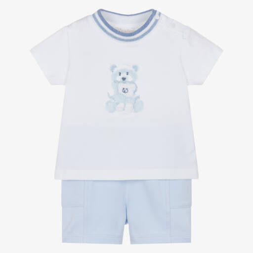 Patachou-Baby Boys White & Blue Teddy Bear Shorts Set | Childrensalon Outlet