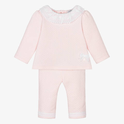 Patachou-Baby Girls Pink Cotton Lace Trouser Set | Childrensalon Outlet
