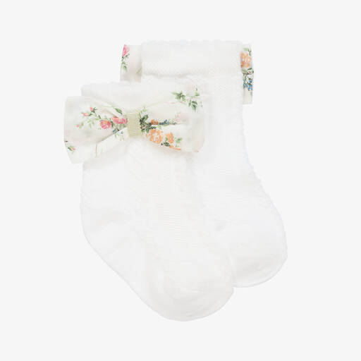 Patachou-Baby Girls White Cotton Floral Bow Socks | Childrensalon Outlet