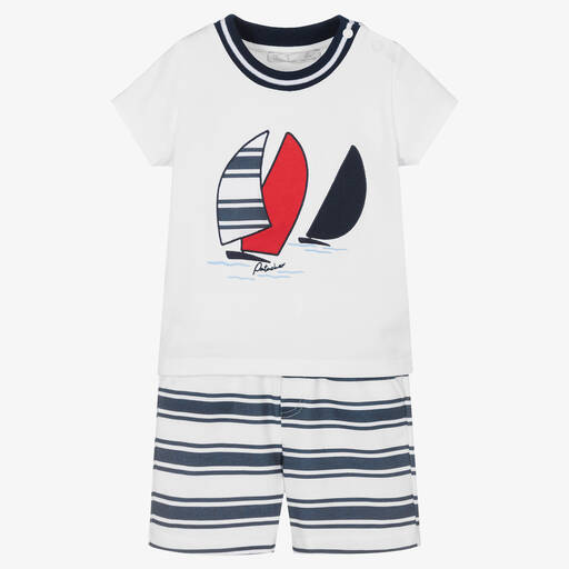 Patachou-Blue & White Cotton Sail Boat Shorts Set | Childrensalon Outlet