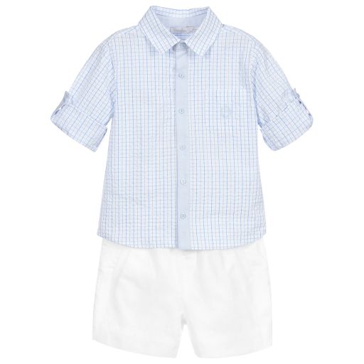 Patachou-طقم شورت وقميص قطن وكتّان لون أزرق وأبيض للأولاد | Childrensalon Outlet