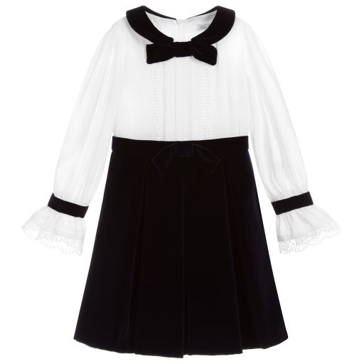 Patachou-Blue & White Velvet Dress | Childrensalon Outlet