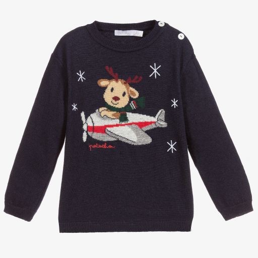 Patachou-Blue Wool Reindeer Sweater | Childrensalon Outlet