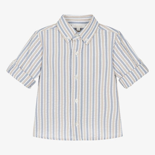 Patachou-Boys Blue & Beige Striped Cotton Shirt | Childrensalon Outlet