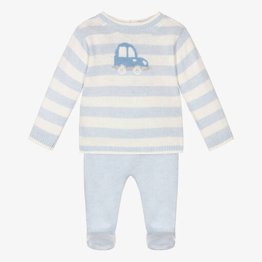 Patachou-Boys Blue Wool Knit 2 Piece Babygrow | Childrensalon Outlet