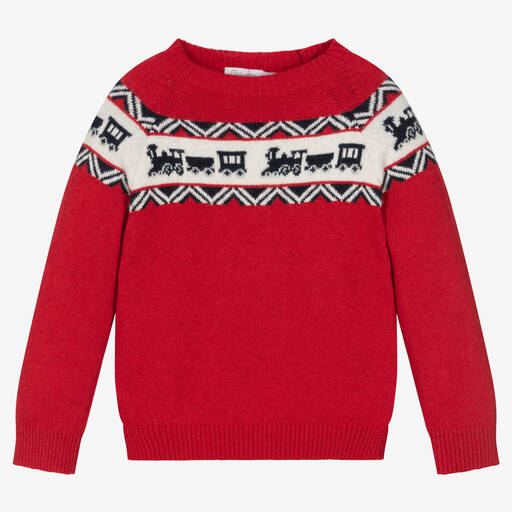 Patachou-Boys Red Wool Knit Train Jumper | Childrensalon Outlet