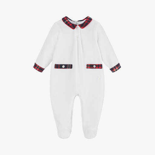 Patachou-Boys Velour Babygrow with Tartan Trim | Childrensalon Outlet