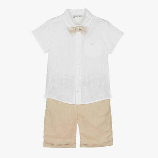 Patachou-Boys White & Beige Linen Shorts Set | Childrensalon Outlet