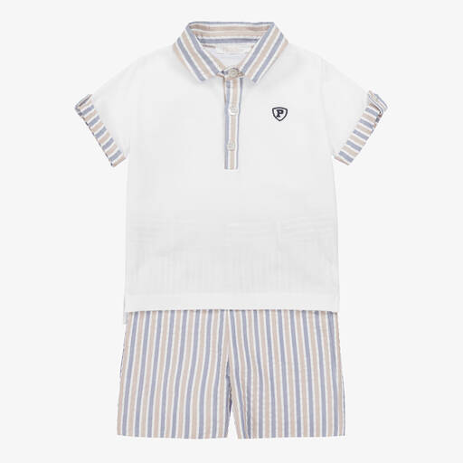 Patachou-Boys White & Blue Cotton Shorts Set | Childrensalon Outlet