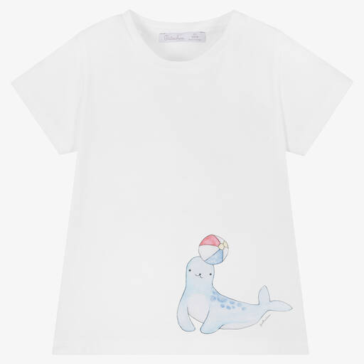 Patachou-Boys White Cotton Seal T-Shirt | Childrensalon Outlet