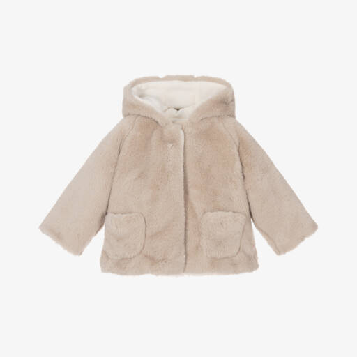 Patachou-Girls Beige Plush Hooded Coat | Childrensalon Outlet