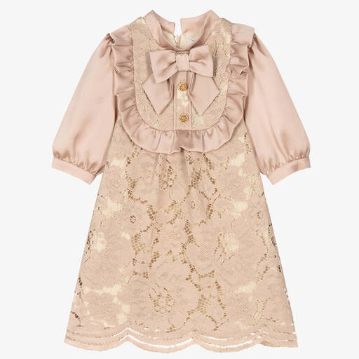 Patachou-Girls Beige Satin & Lace Dress | Childrensalon Outlet