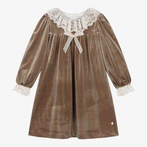 Patachou-Girls Beige Velour Lace Collar Dress | Childrensalon Outlet