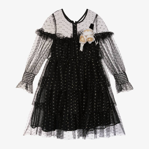 Patachou-Girls Black & Gold Glitter Tulle Dress | Childrensalon Outlet