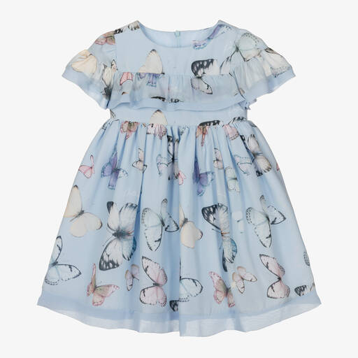 Patachou-Girls Blue Butterfly Print Chiffon Dress | Childrensalon Outlet