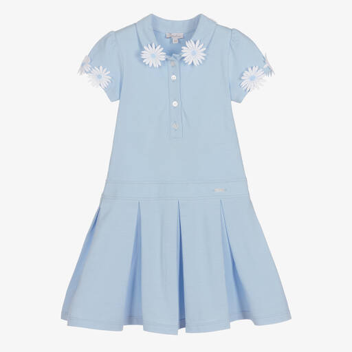 Patachou-Girls Blue Cotton Flowers Polo Dress | Childrensalon Outlet