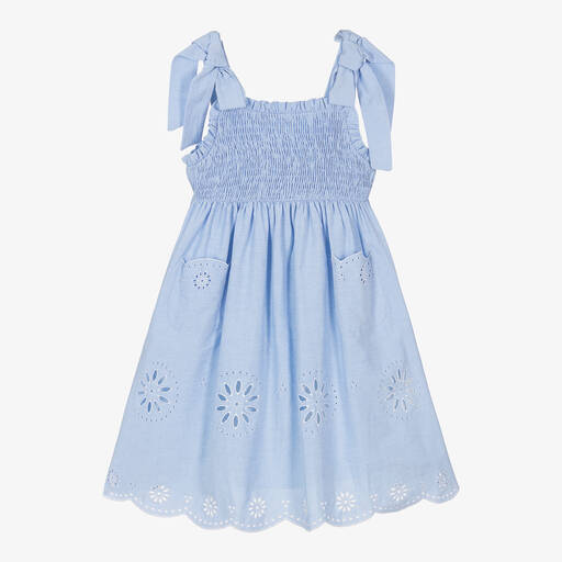 Patachou-Girls Blue Embroidered Cotton Dress | Childrensalon Outlet