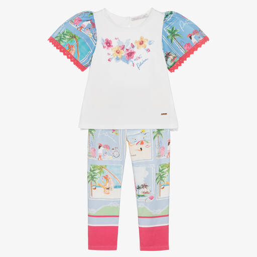 Patachou-طقم ليغنغز مزيج قطن لون أزرق وأبيض للبنات | Childrensalon Outlet