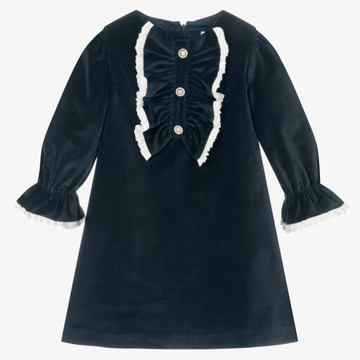 Patachou-Girls Blue Ruffle Velvet Dress  | Childrensalon Outlet