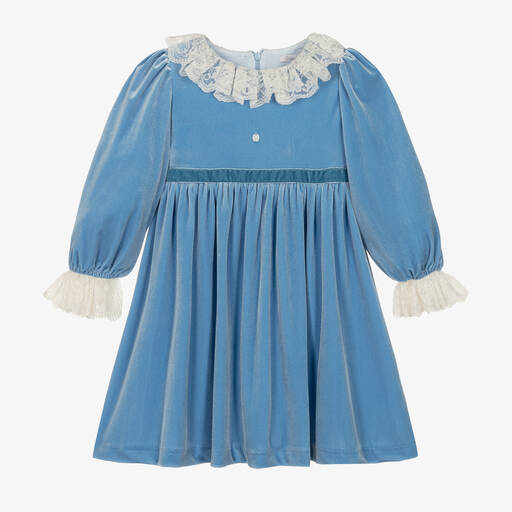 Patachou-Girls Blue Velour Lace Dress | Childrensalon Outlet
