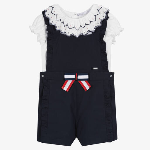 Patachou-Girls Blue & White Dungaree Shorts Set | Childrensalon Outlet