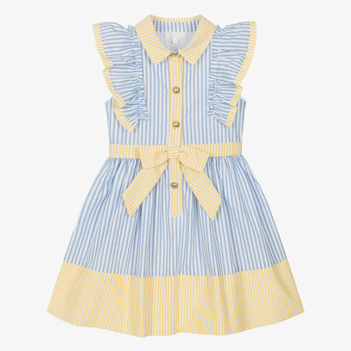 Patachou-Girls Blue & Yellow Stripe Poplin Dress | Childrensalon Outlet