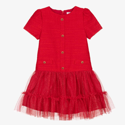 Patachou-Girls Crimson Tweed and Tulle Gown | Childrensalon Outlet