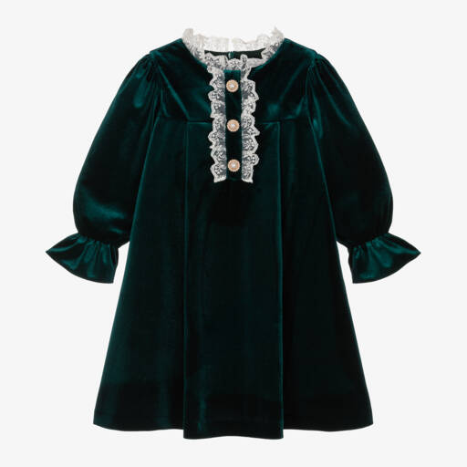 Patachou-Girls Emerald Velour Lace Dress | Childrensalon Outlet