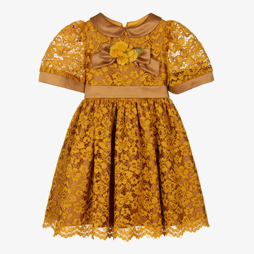 Patachou-Girls Gold Satin & Lace Dress | Childrensalon Outlet