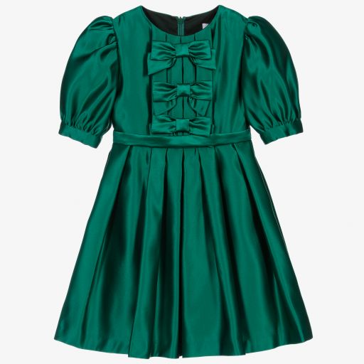 Patachou-Girls Green Satin Bow Dress | Childrensalon Outlet