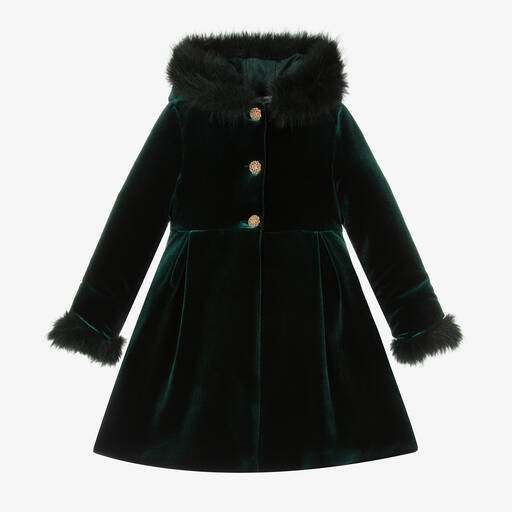 Patachou-Girls Green Velvet & Fur Trim Coat | Childrensalon Outlet