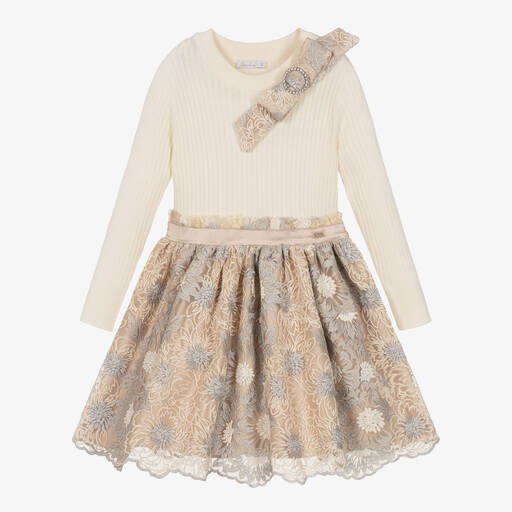 Patachou-Girls Ivory & Beige Floral Dress | Childrensalon Outlet
