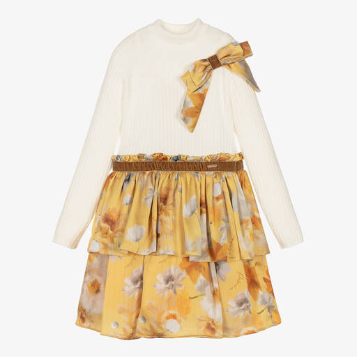 Patachou-Girls Ivory Jersey & Yellow Chiffon Dress | Childrensalon Outlet